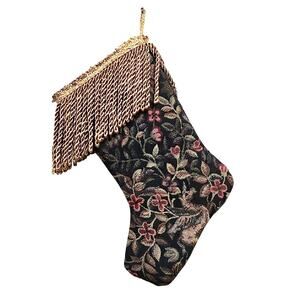 Vintage Luxury Victorian Tapestry Stocking with Gold Fringe Cream Satin Liner